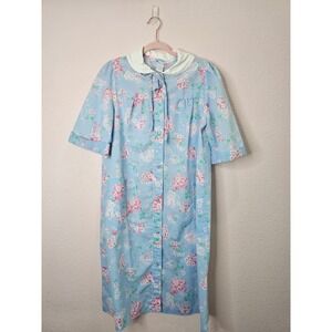 Vintage Leisure Life Blue Floral Pearl Snap House Coat Robe Peter Pan Collar